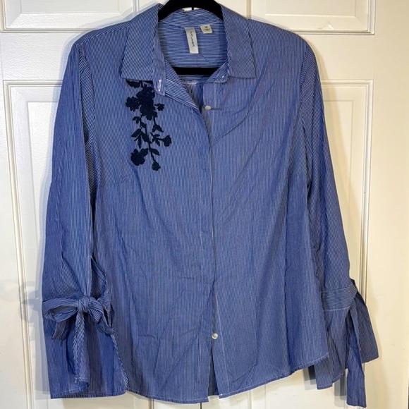 EUC Tacera Blue and White Striped 100% Cotton Button Down Blouse w/Fancy Cuffs - Picture 1 of 8